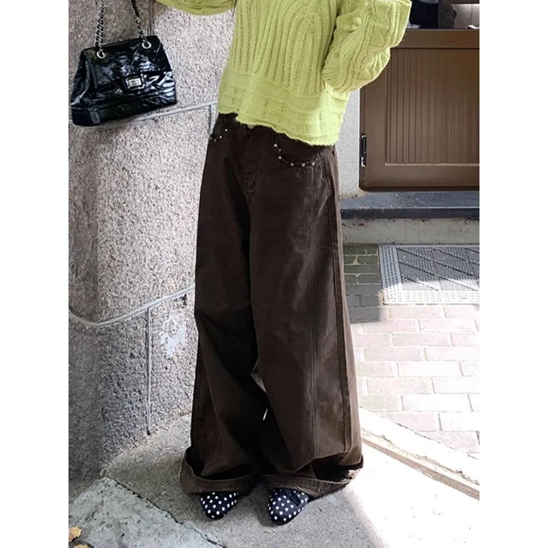 American Street Hot Girl High Waist Wide Leg Jeans Women Star Rivet Pocket Design Jeans Y2k Aesthetic Streetwear Daily Trendy