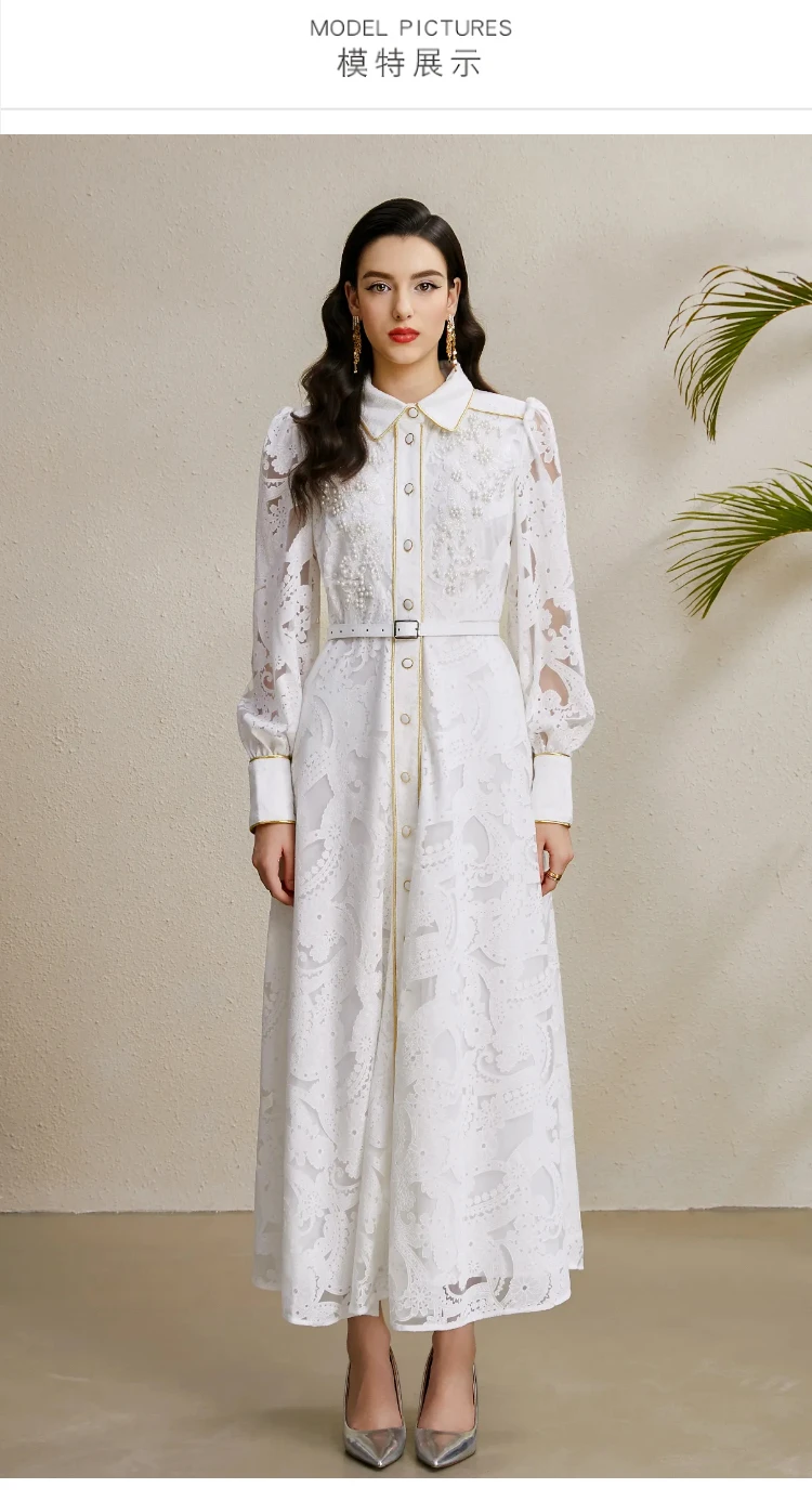 2025 Autumn Lapel Gold-Trimmed Beaded Corsage Wide-Swing Hollow-Out Lace Maxi Dress - European Princess-Style Outfit