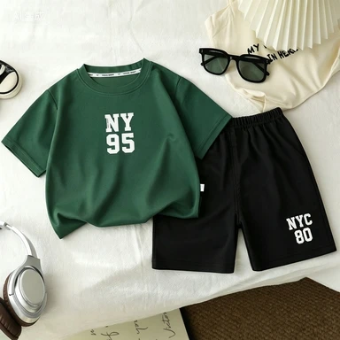 Summer Children's Double-sided Letter Printed Short Sleeved And Shorts Two-piece Set Summer Round Neck Cartoon Children's Set
