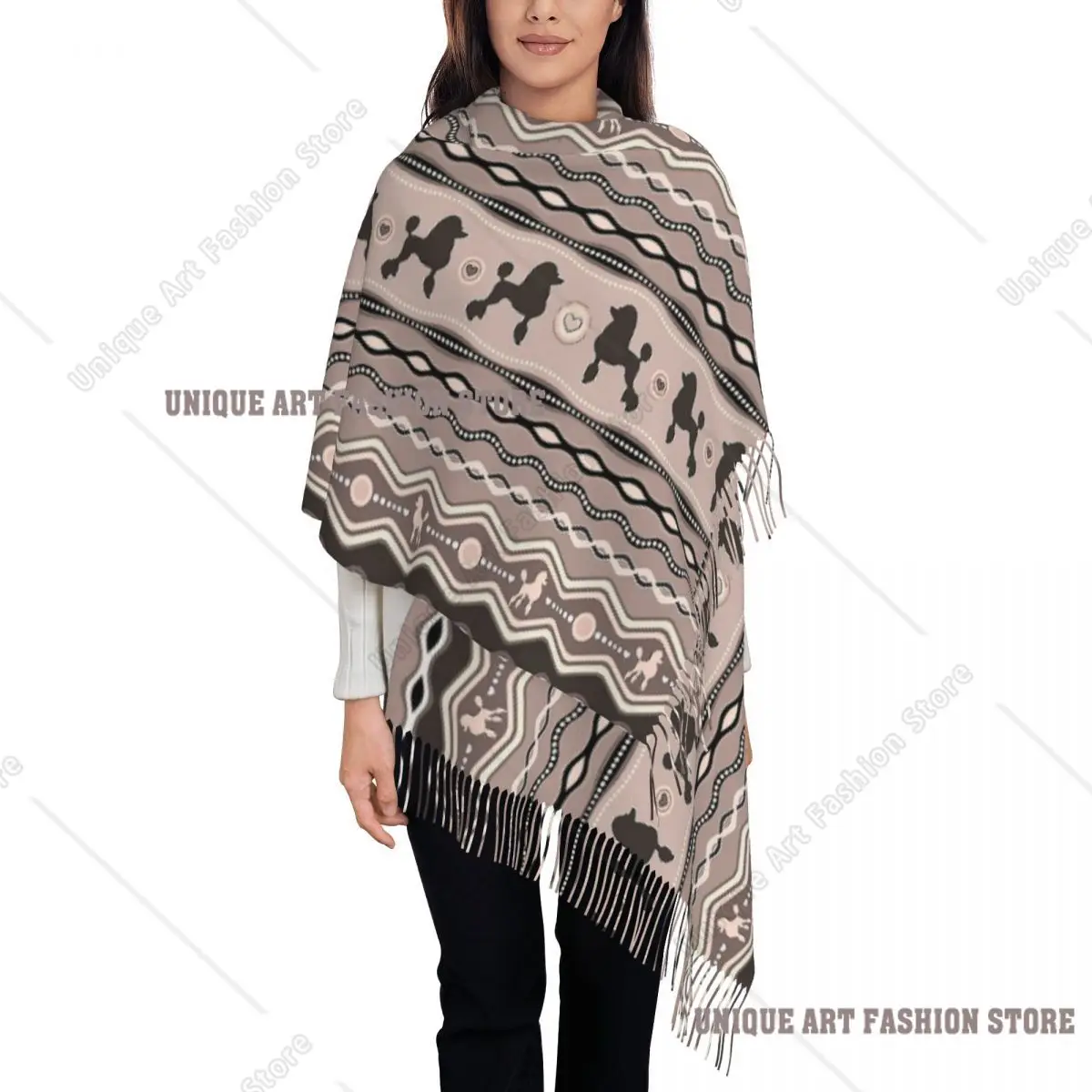 タッセル付きレディーススカーフ プードルラブドッグ ロングソフトウォームショールラップ コッカプードルアニマル デイリーウェア カシミアスカーフ