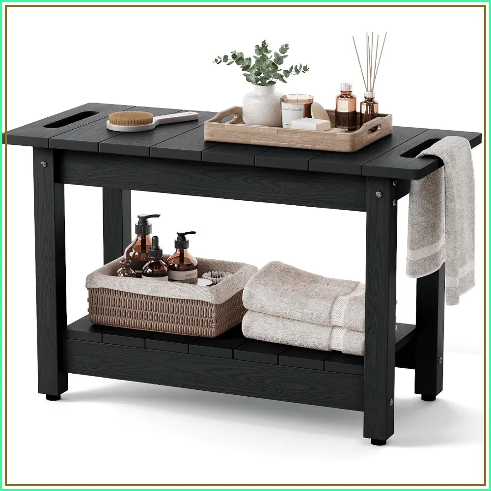 24 Inch Shower Bench for Inside Shower, Waterproof Shaving Stool, Adjustable Non-Slip Feet, Black