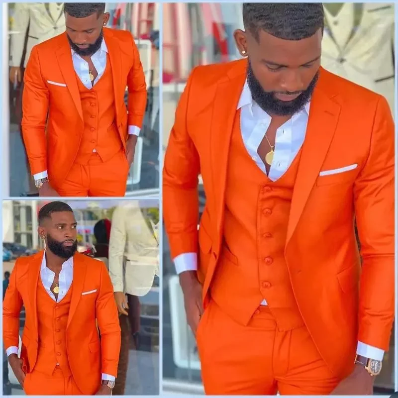 Men Suits & Blazers Bright Orange Notch Lapel Men Costume Homme Wedding Dress Tuxedos Terno Masculino Slim Fit Groom Prom Pa