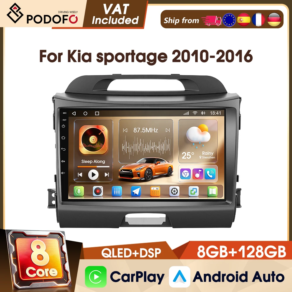 Podofo, autoradio stereo da 9 pollici, 8 core, 8+128 GB, 4G, per Kia Sportage 2010-2016, con sistemi intelligenti, CarPlay wireless, Android Auto, DAB, WIFI, GPS, FM, RDS.