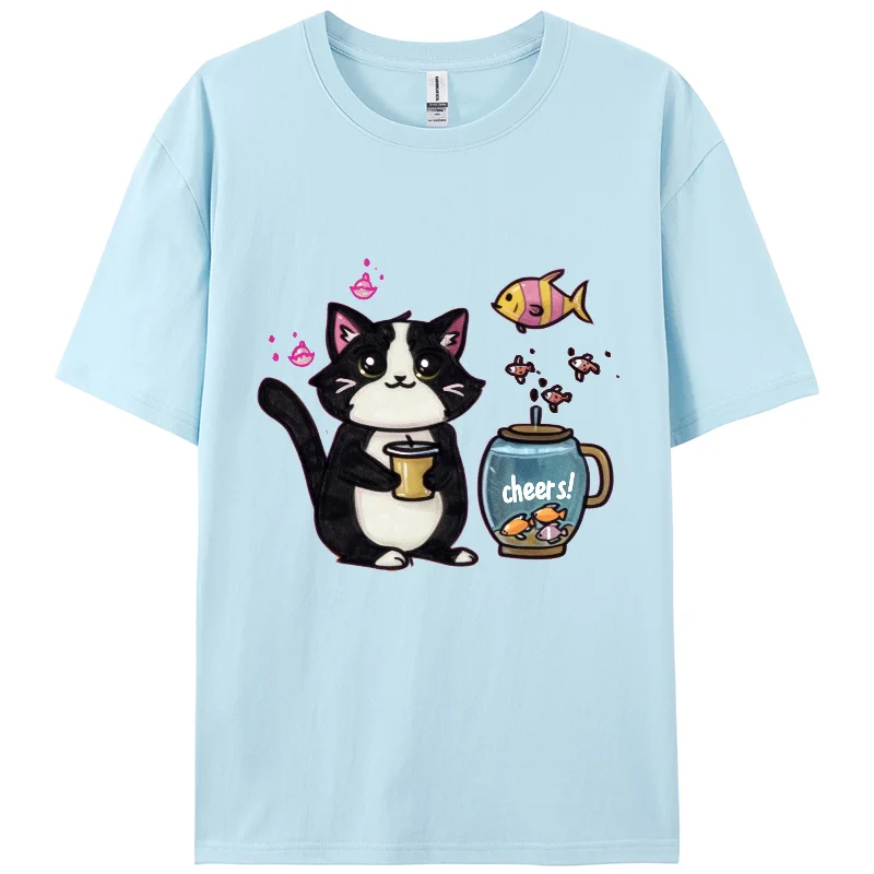 Y2K,Cheers Cat Print TShirt,Summer Casual T-shirts, Berserk Women Short T-shirts, Short Sleeve,100%Cotton,Cartoon, Holiday wear