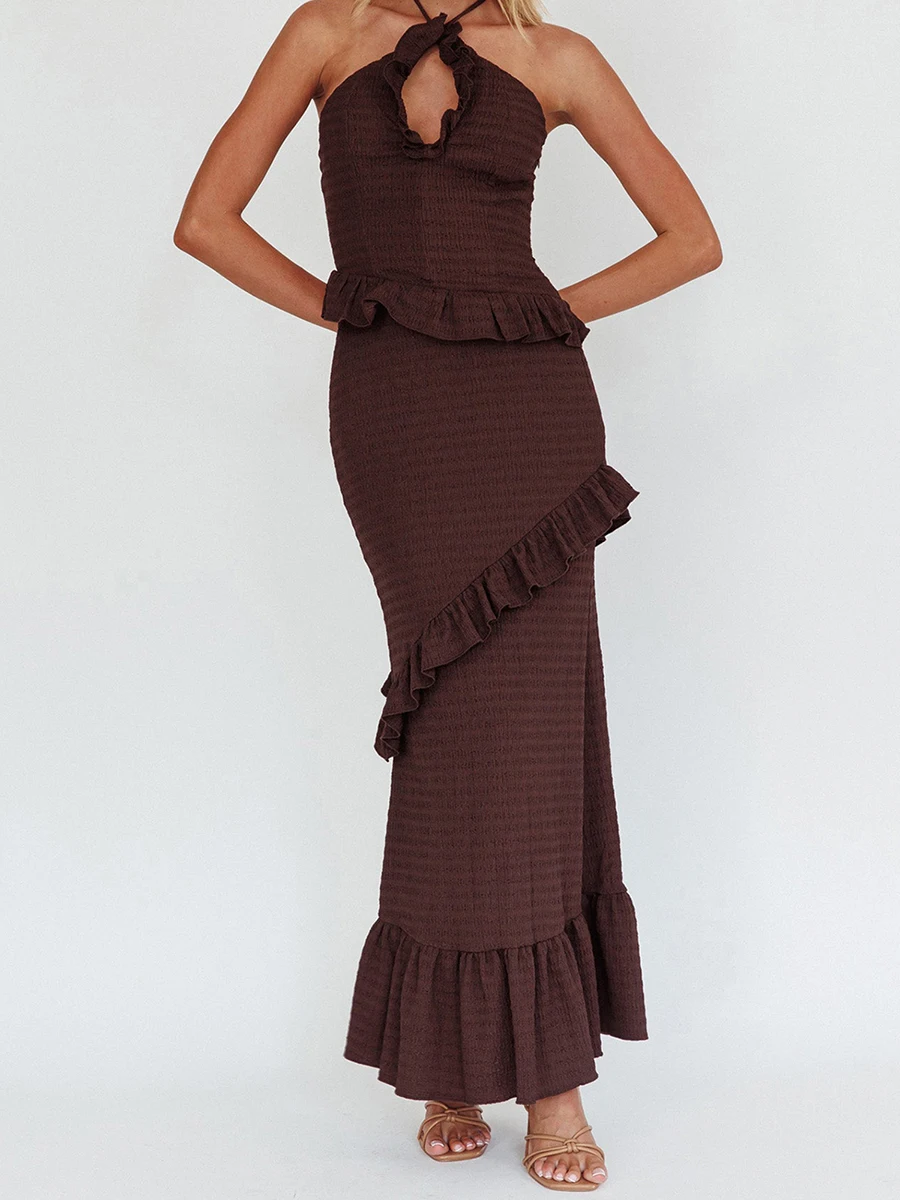 Completi estivi da donna Canottiere con scollo all'americana con ritaglio tinta unita + Gonna lunga sottile con volant Set Abiti da festa