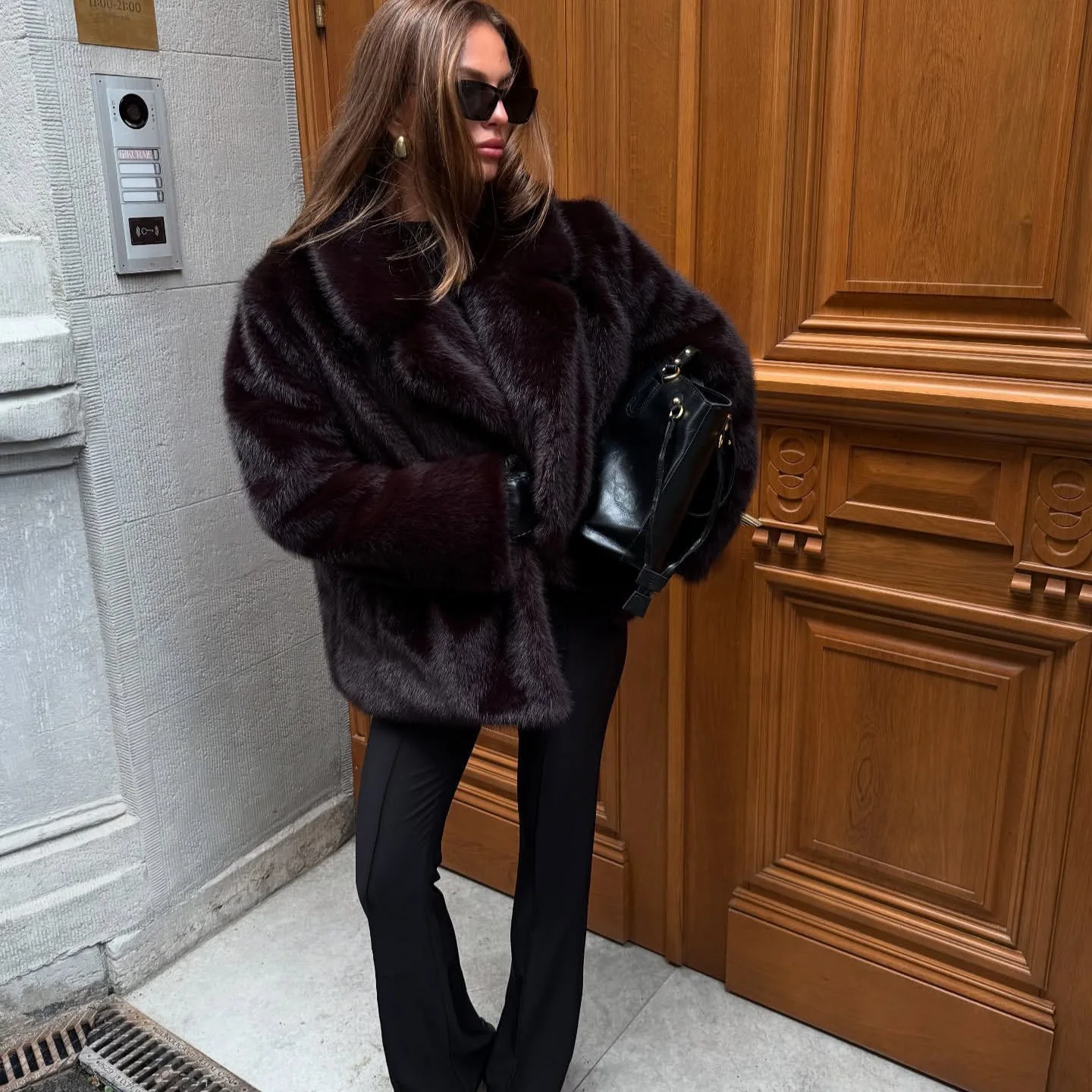 Faux Fur Lapel Coat Women's Elegant Solid Loose Lace-Up Leisure Jacket Winter Fashion Female Keep Warm Fur Coat
