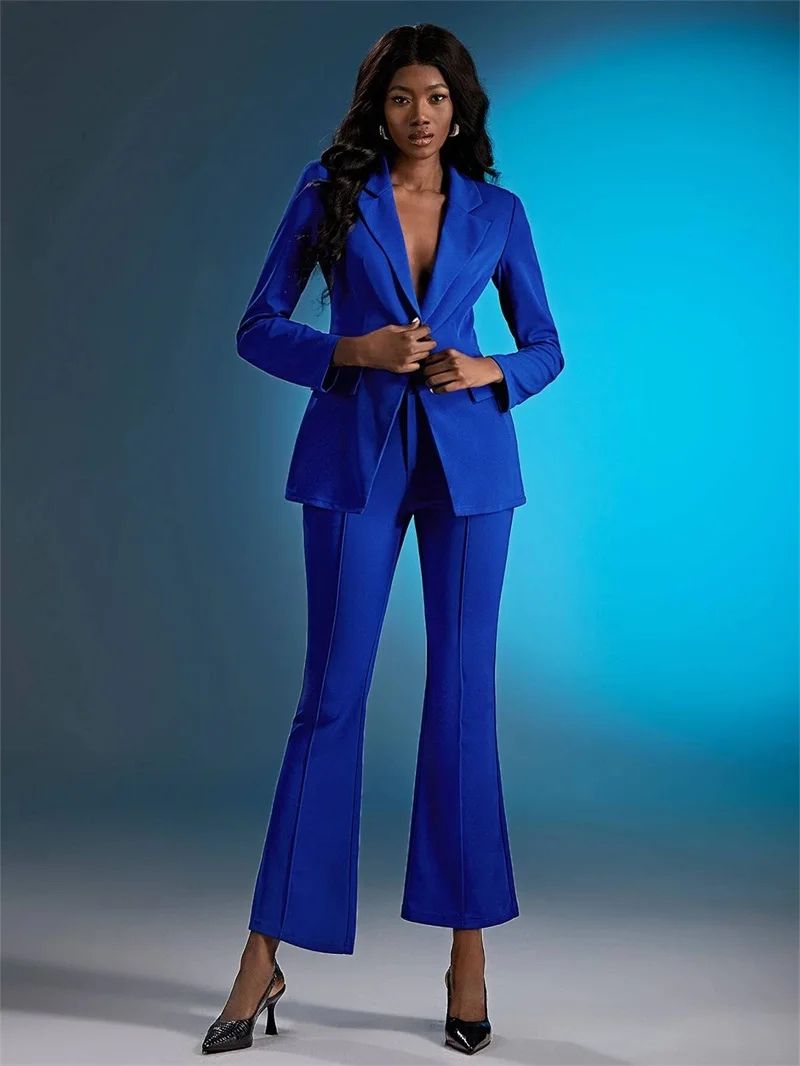 Conjunto de traje azul para mujer, Blazer + Pantalones de campana, vestido de graduación de 2 piezas, chaqueta Formal de oficina, abrigo de talla personalizada, esmoquin de boda