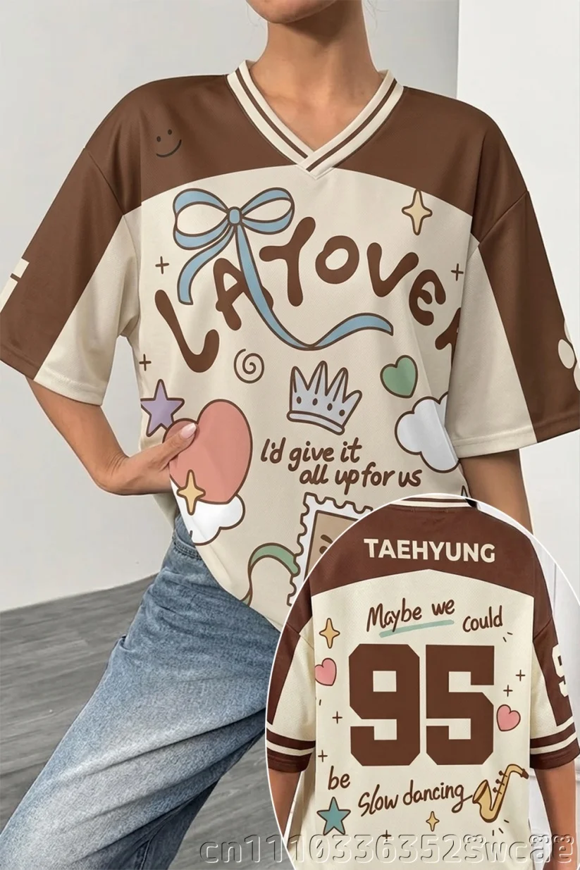 New Cartoon Graffiti Bow Print Fan BTS Jersey Retro Mask Portrait Number Character Loose Trendy Short Sleeve Top FamilyMatching