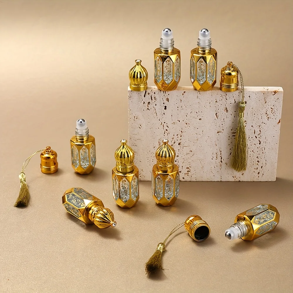 Set of 10 Six-Milliliter Octagonal Glass Bottles with a Golden Electroplated Finish, Available with Or Without a Cord. These Lea