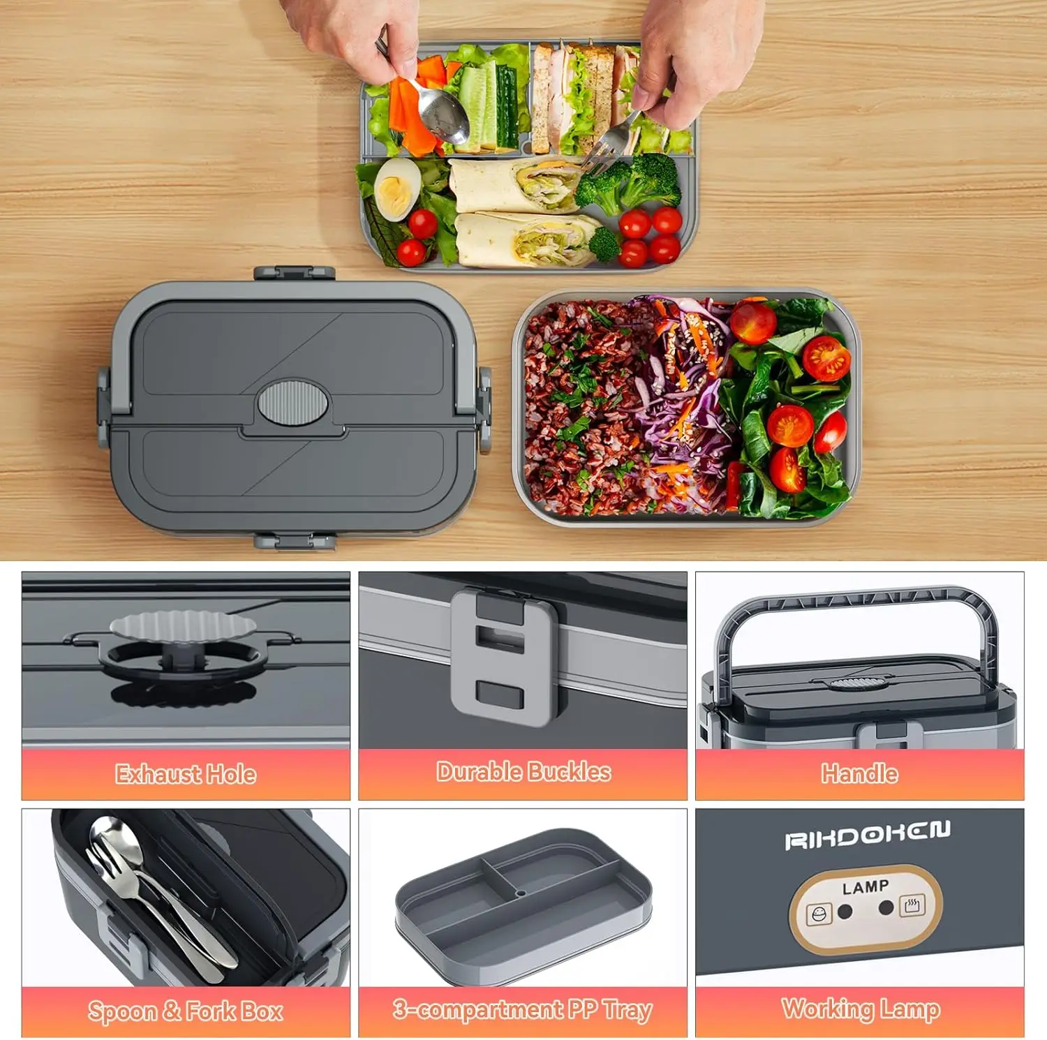 سخان صندوق غداء كهربي 80 وات 2.8 لتر طبقة مزدوجة، 12 فولت/24 فولت/110 فولت محمول من الفولاذ المقاوم للصدأ لتدفئة الطعام مع حقيبة وملعقة وشوكة