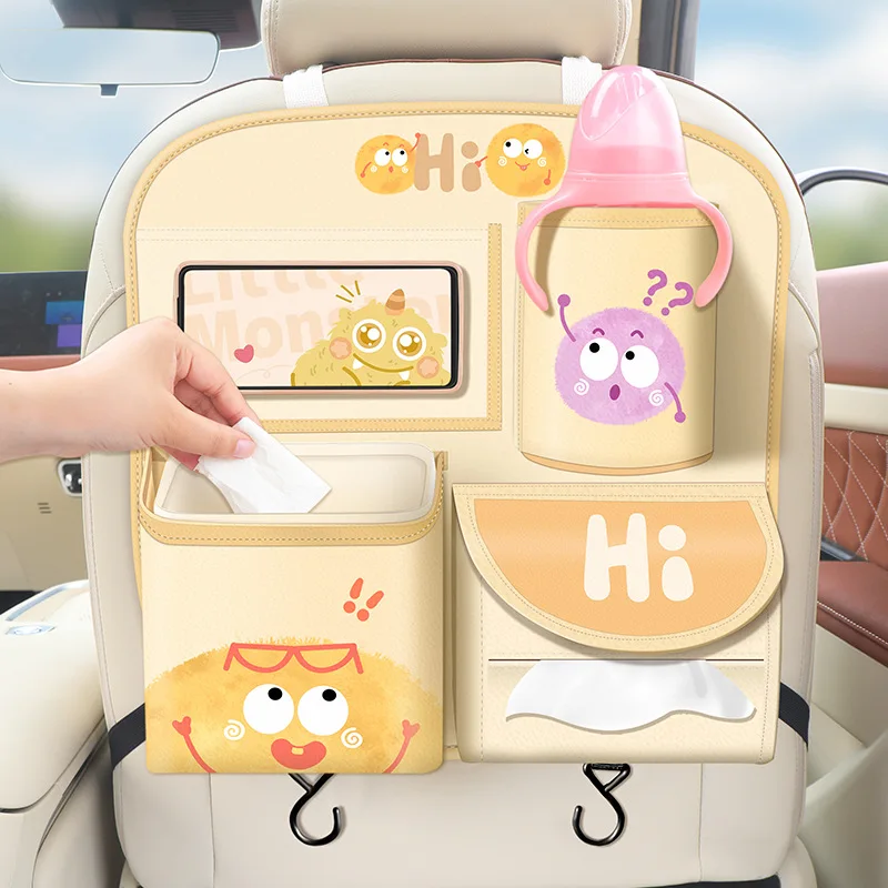 Car Storage Hanging Bag Multifunctional Car Seat Back Rack Rear Tissue Box Cute Trash Can Storage Box Supplies