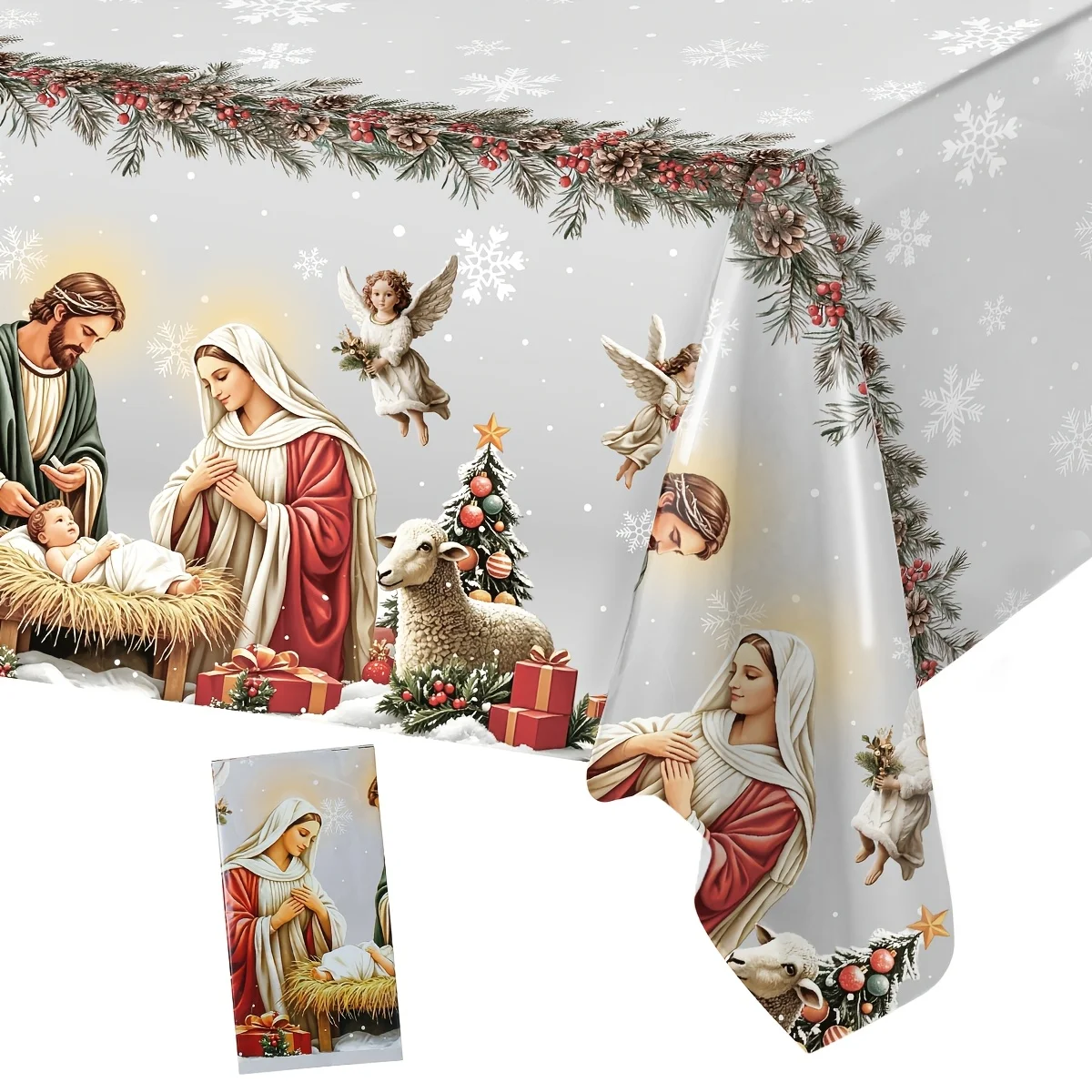 1pc Nativity Scene Tablecloth Suitable for Christmas & New Year - Disposable Holy Birth Jesus Manger Table Cover with Plastic Na