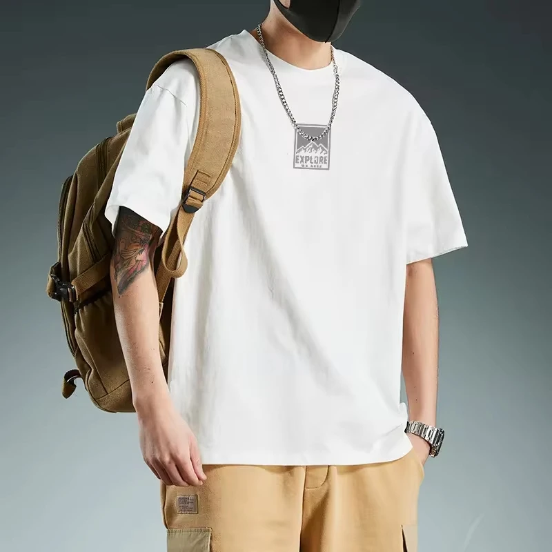 Male T-shirts Summer New Fashion Japanese Style Men's Cotton Letters Loose Printed Heavy Duty Cotton T-shirts Male Clothes Tops