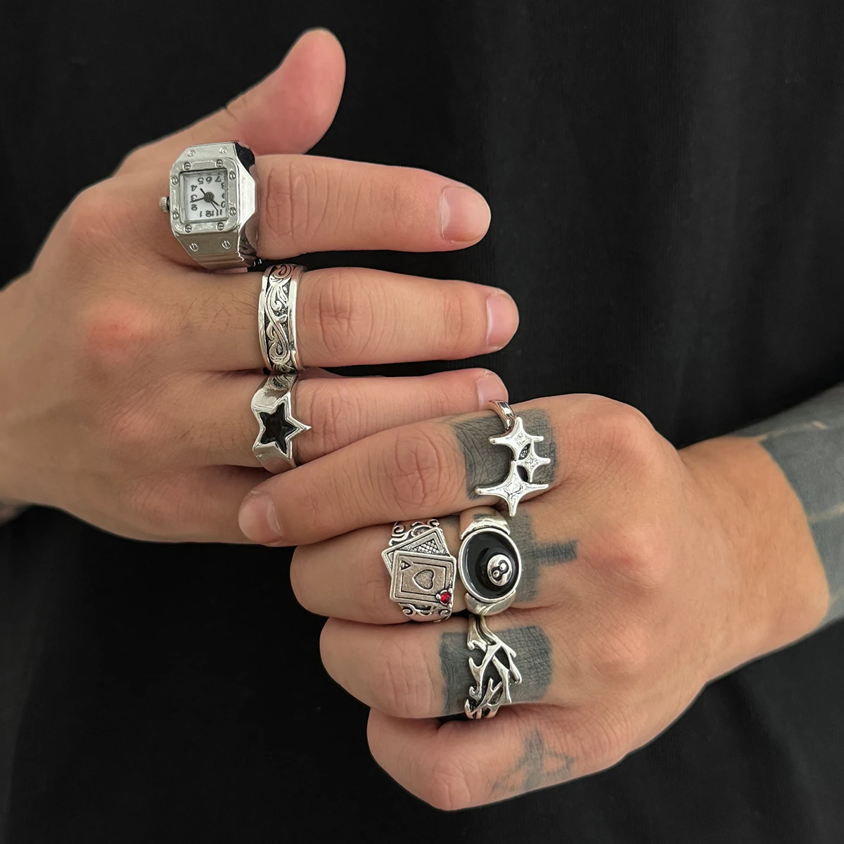 PuRui Goth Hip-hop Silver Color Star Clock Finger Rings Men Vintage Punk Irregular Stacking Alloy Ring Couple Jewelry Accessory