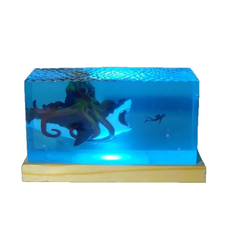 Creative Resin Lamp Sculpture of Ocean Squid Entwining Shark Home Tabletop Decoration Craft Piece Display Item Birthday Gift