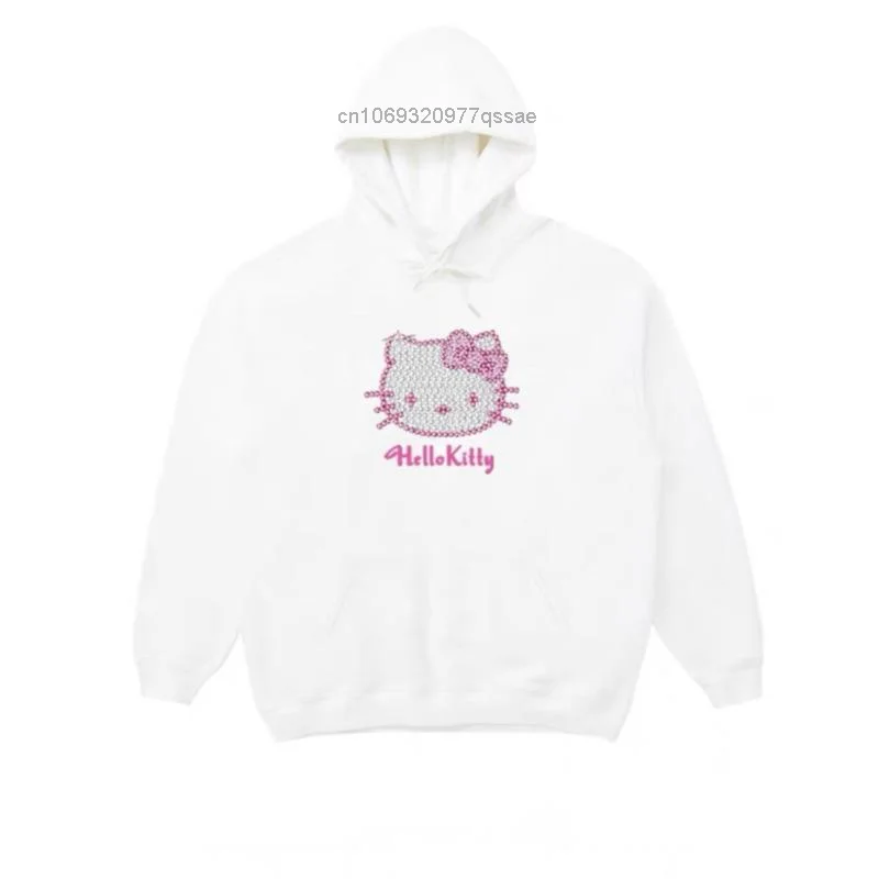 Sanrio Hello Kitty Sparkling Rhinestone Pattern Hooded Sweater Y2k Women Trend Cute Hoodies Loose Oversize Tops Autumn Clothes