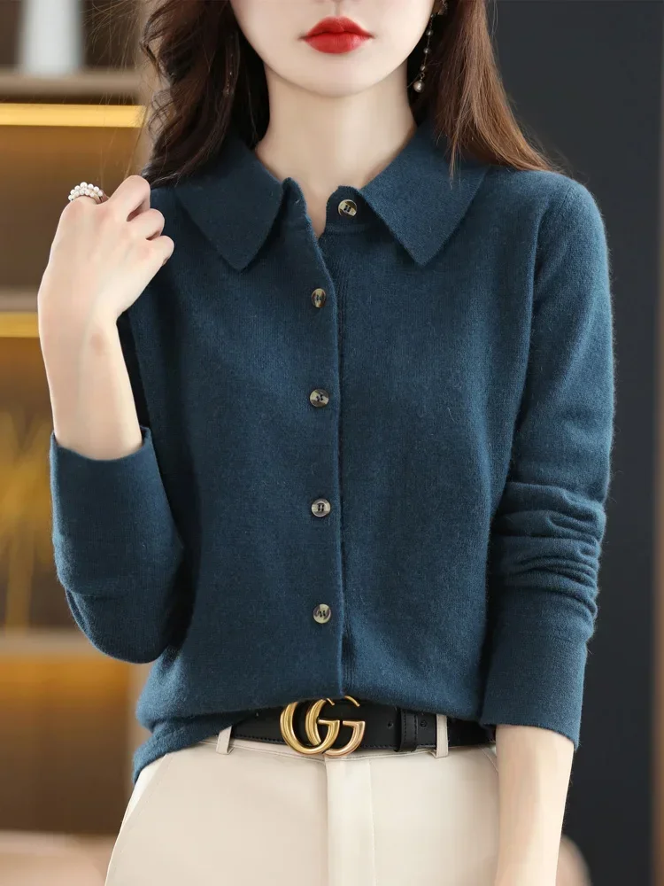 Fashion 100% Merino Wool Woman Sweater High Quality Long Sleeve Cardigan Polo-Collar Winter Clothing Knitwear Tops E1592