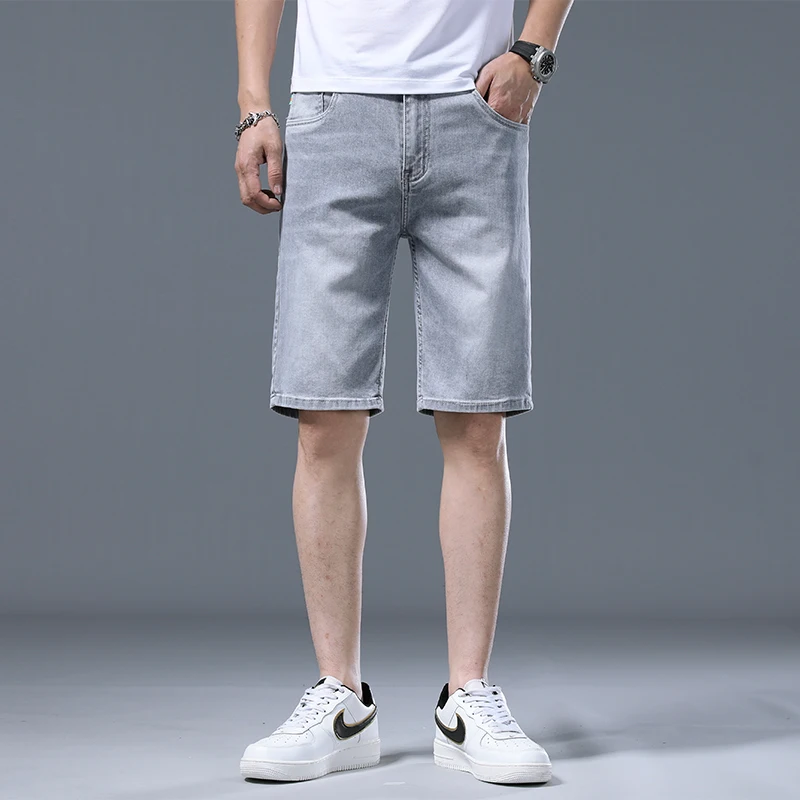 

Summer Thin Light Gray Stretch Denim Shorts Men's Fashion Brand Loose Straight Ruffle Handsome Street Casual Cropped Pants