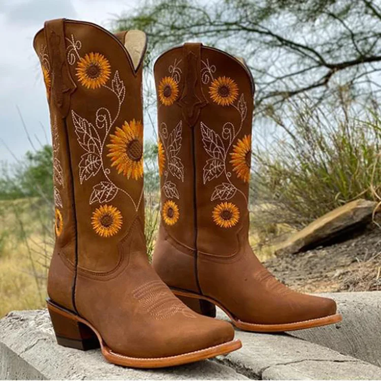 New Women Coffee Brown Embroidery Boots PU Leather Printed Western Cowboy Boots Deep V-mouth High Tube Casual Boots size 35-43