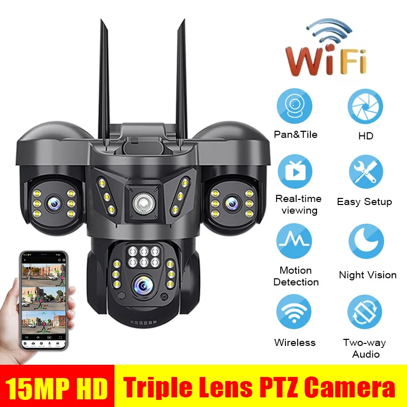 

15MP Triple Lens 10X Zoom WiFi Camera Outdoor Triple Screen 4G Sim Camera Human Detection Night Vision CCTV Video Security Cam
