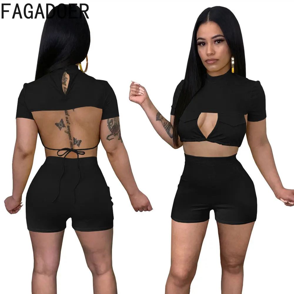 FAGADOER Black Sexy Hollow Backless Lace Up Two Piece Sets Women Round Neck Crop Top+Shorts Outfits Summer Solid Nightclub Wear