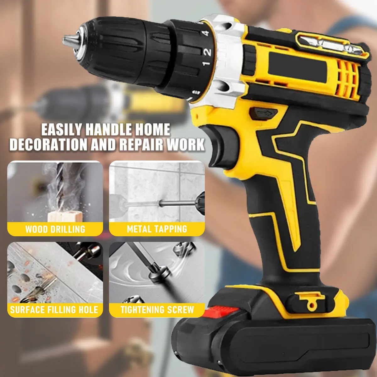 مجموعة أدوات الحفر 36 فولت: بطاريتين + شاحن سريع، حقيبة محمولة مع مصابيح عمل، سرعتين قابلة للتعديل