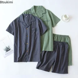 New2025 Männer Sommer PyjamasThin Kurzarm Shorts Weiche Baumwolle Einfache Japanische Plaid Hause Service Anzug Pantalon Pijama Hombre