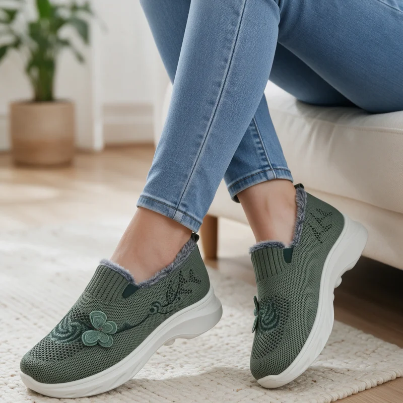 Women's Cotton Boots, Fleece-Lined Warm Knit Shoes, Women's Height-Increasing Shoes, Casual Walking Cotton Boots