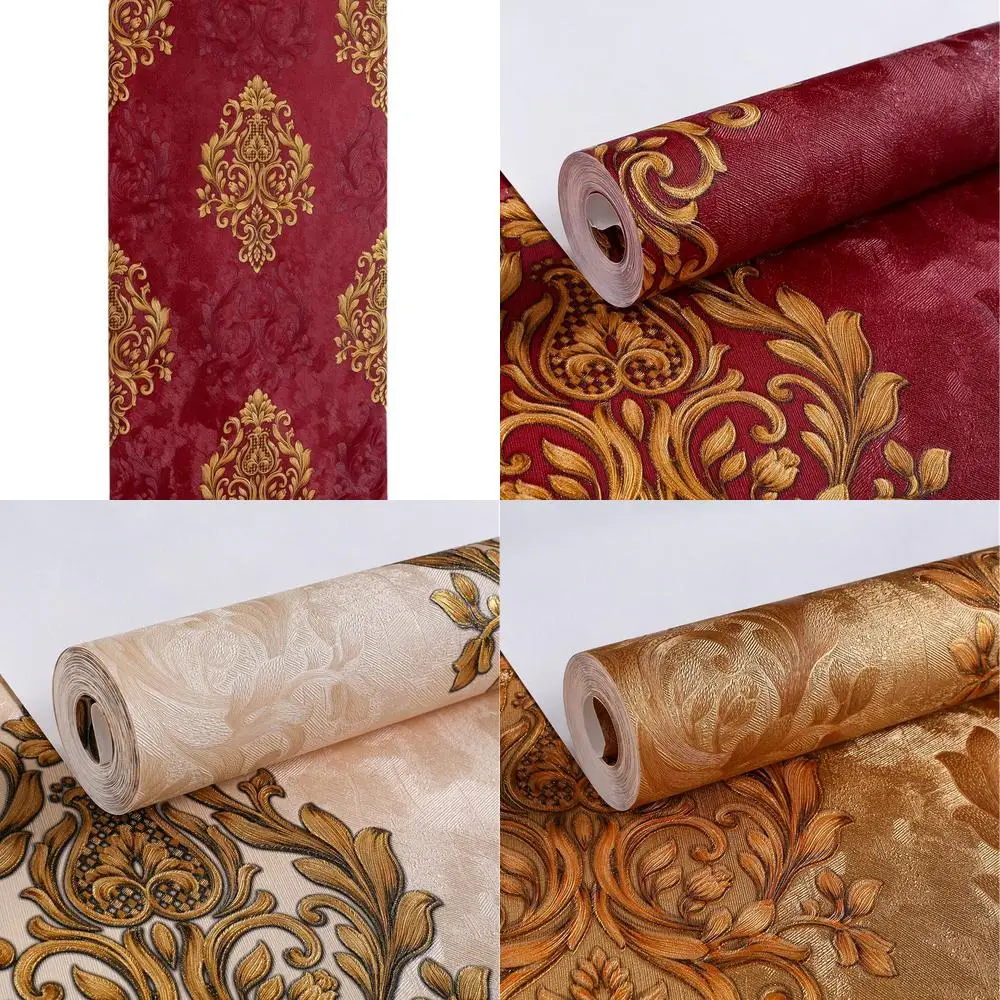 Imperial Red 3D Retro European Style Large Flower Wallpaper for Living Room Dining Room Hotel Luxury Deep Red and Dark Coffee