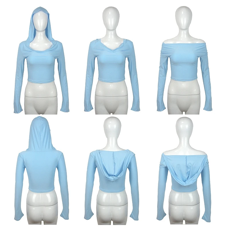 Flare Langarm-Crop-Top mit Kapuze für Damen, Herbst 2025, einfarbig, elastisch, lässig, T-Shirt, Pullover, Florkragen, Y2k-T-Shirt 2526 – Detail 10