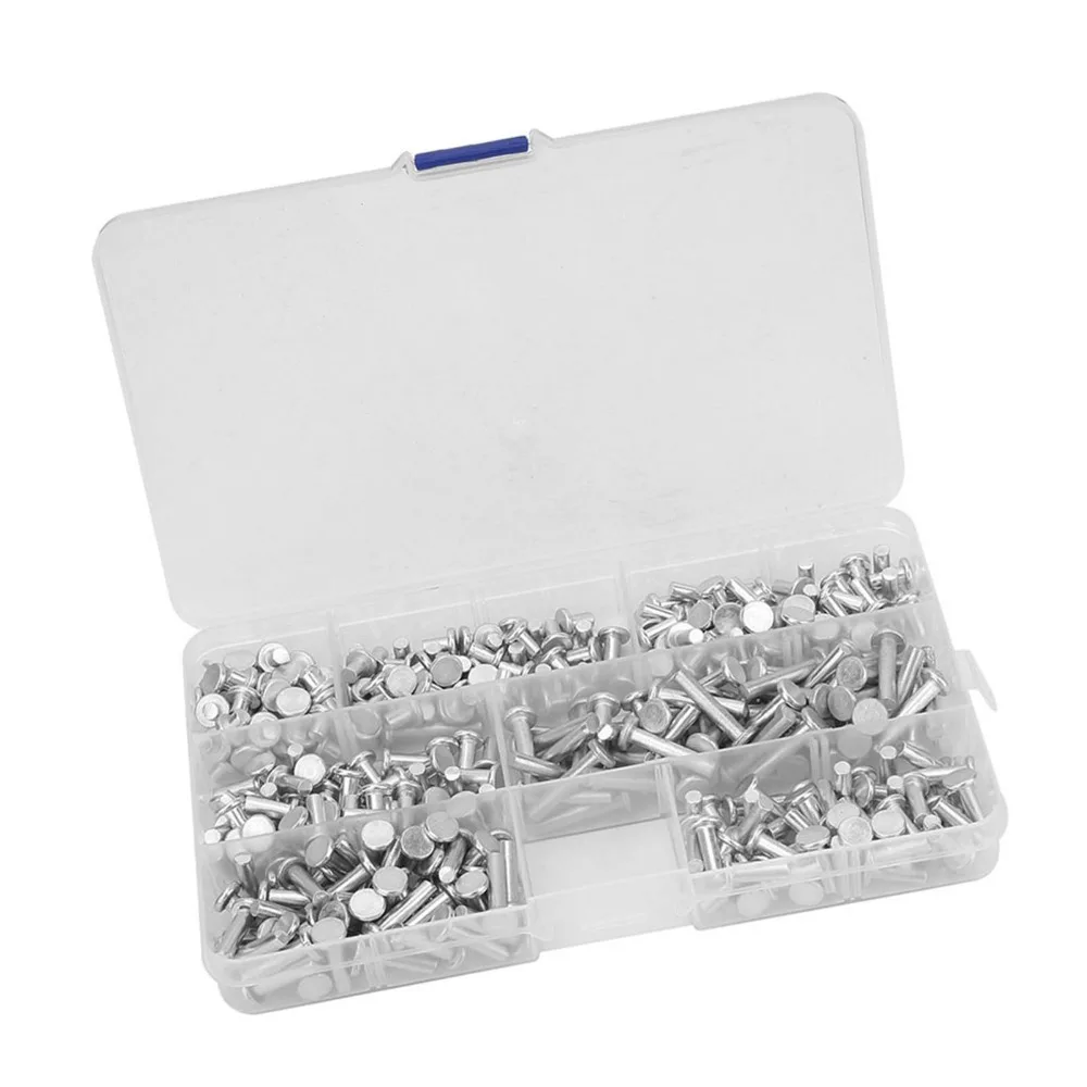 

350PCS 4mm to 20mm Length Range Flat Head Solid Rivets Kit Silver With Plastic Storage Box M4 Rivets Assortment Aluminum