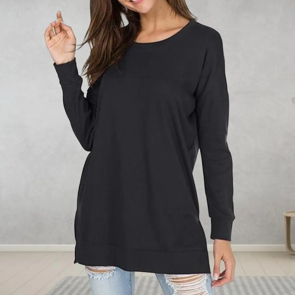 

Mid-length Blouse Solid Color Loose Fit Women's Mid-length Round Neck Long Sleeve Tee Shirt Stylish Streetwear Pullover Tops