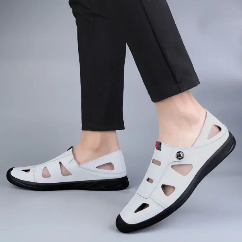 Hollow Leather Sandals for Men In 2024 Summer New Men\'s Casual Shoes with Small White Shoes and Holes for Casual Leather Shoes