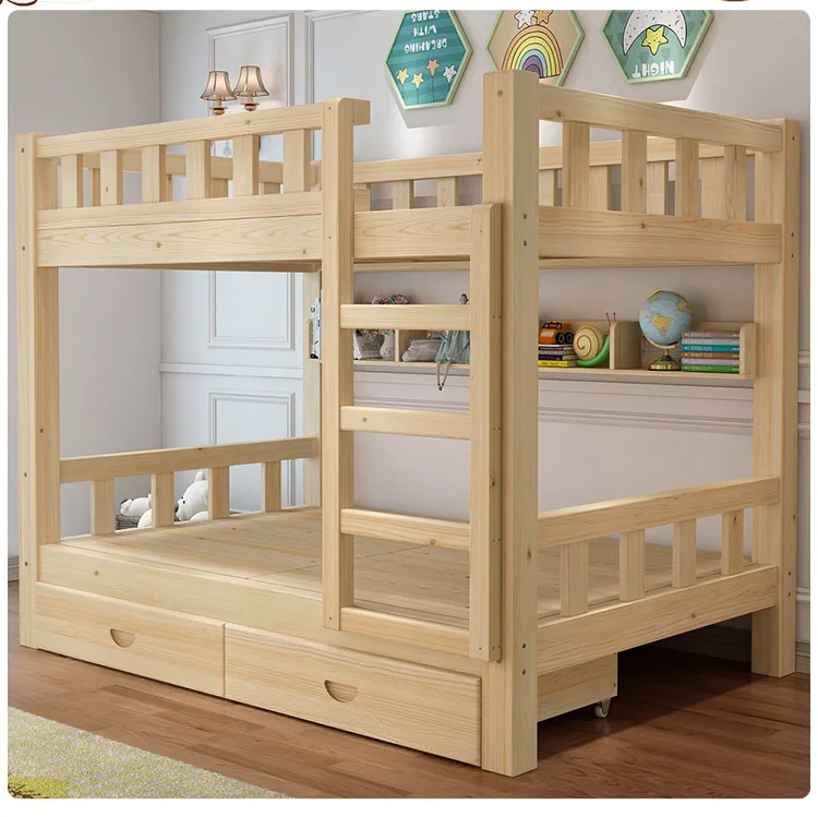 

Durable Kindergarten Wooden Bunk Bed Children Double Wooden Bed With Bookshelf