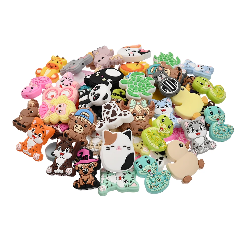 5Pcs Random Mixing Silicone Beads Flat Animal Cartoon Focus Bead For DIY Baby Food Grade Pacifier Chain Dummy Holder Accessories