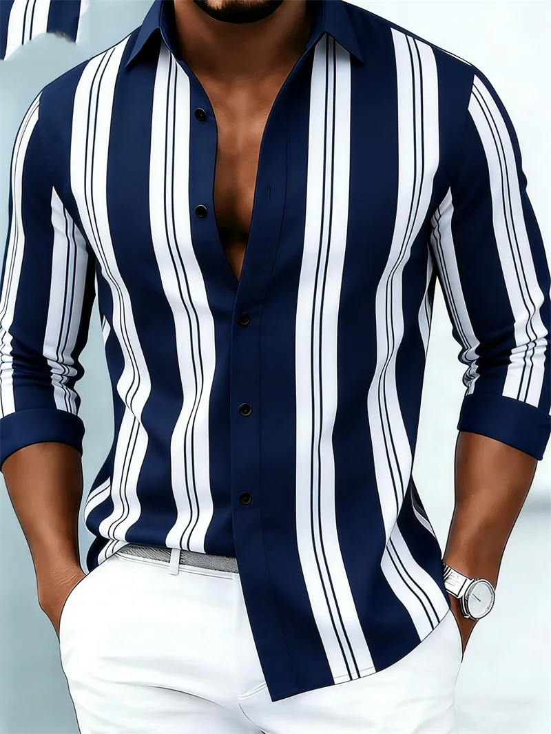 Multi-color stripe Pattern Men's Long Sleeve Shirt Button Shirt Business Casual New Daily Autumn 3D Printing Lapel Men Clothing