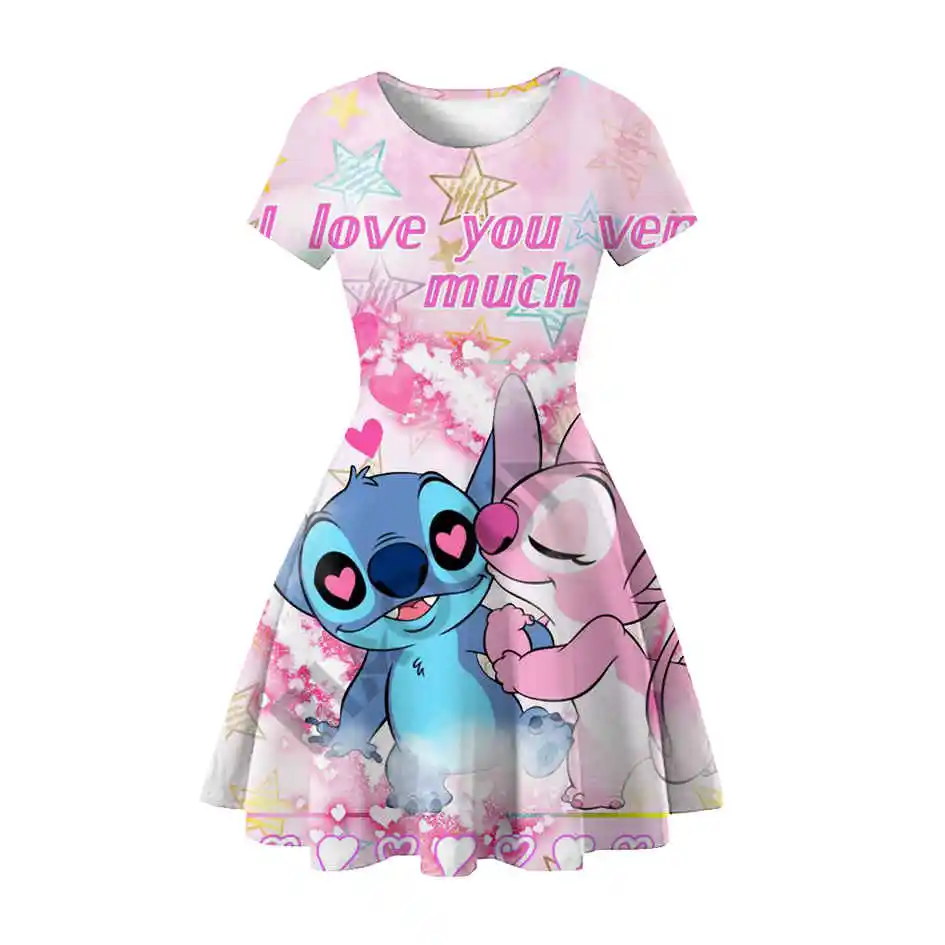 2024 sommer Neue Casual Mode Niedliche Prinzessin Kleid 3D Druck Disney Stich Rundhals Kurzarm Prinzessin Kleid