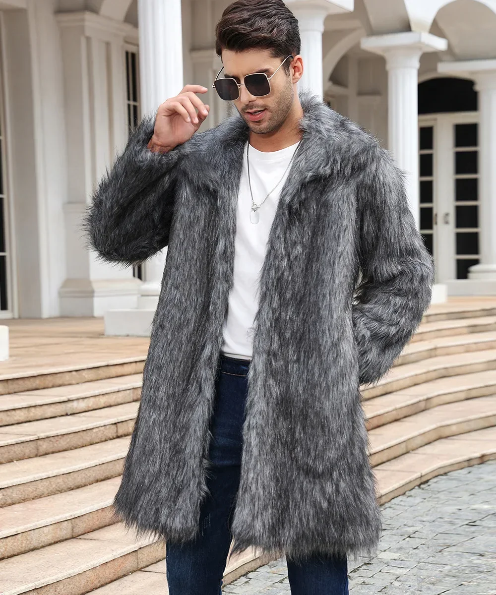 Men Faux Fox Fur Jacket Coat Winter Thick Fluffy Long Sleeve Warm