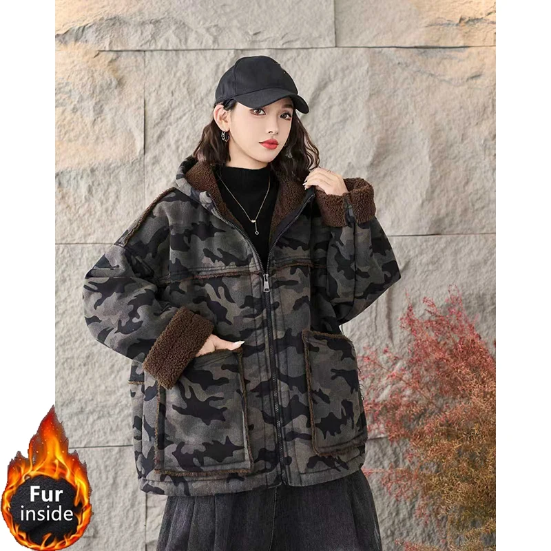 Masss Wasss 2025 Winter Fashion Camouflage Parkas Women Loose Warm Hooded Fur Padded Jackets Ladies Casual Vintage Thicken Coats