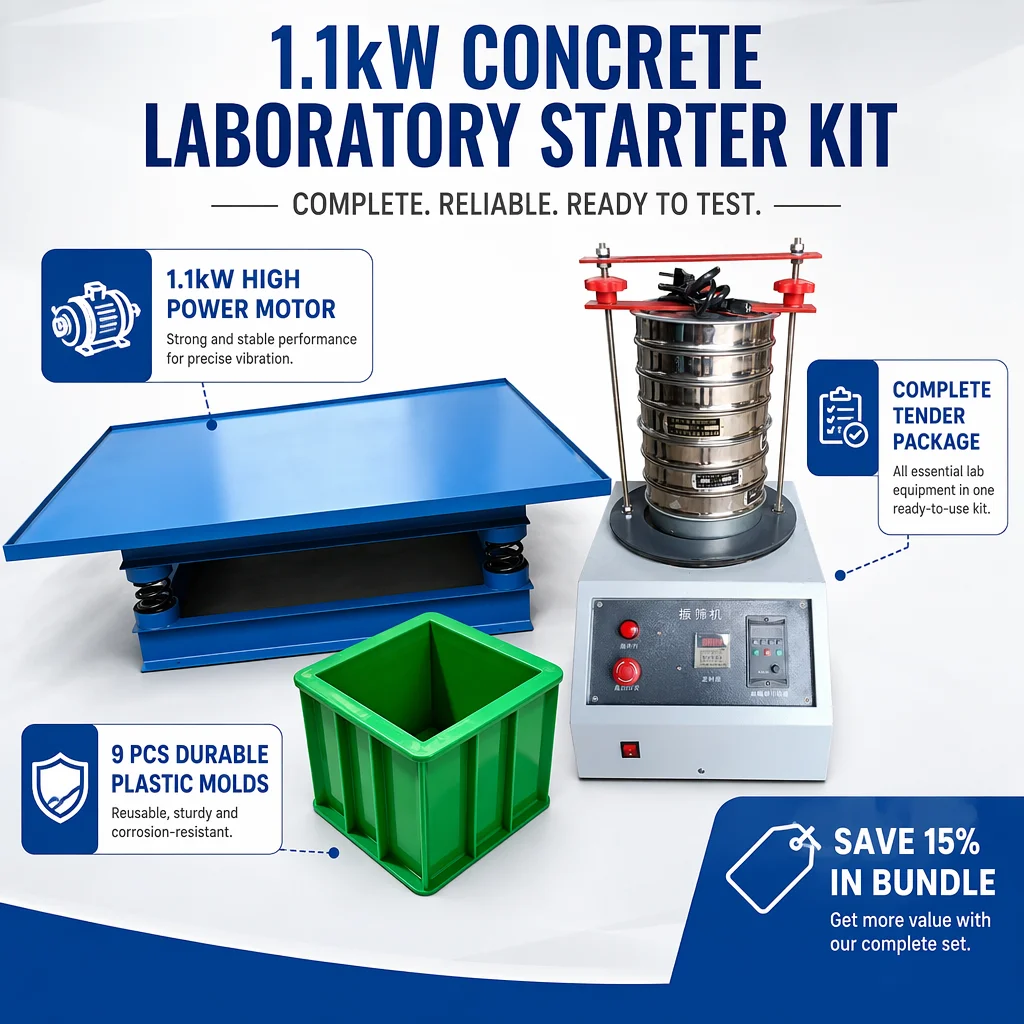 1m*1m Large Platform Concrete Lab Kit: 1.1kW Heavy Duty Vibrating Table + 9 Molds + Sieve Shaker - Professional Tender Solution