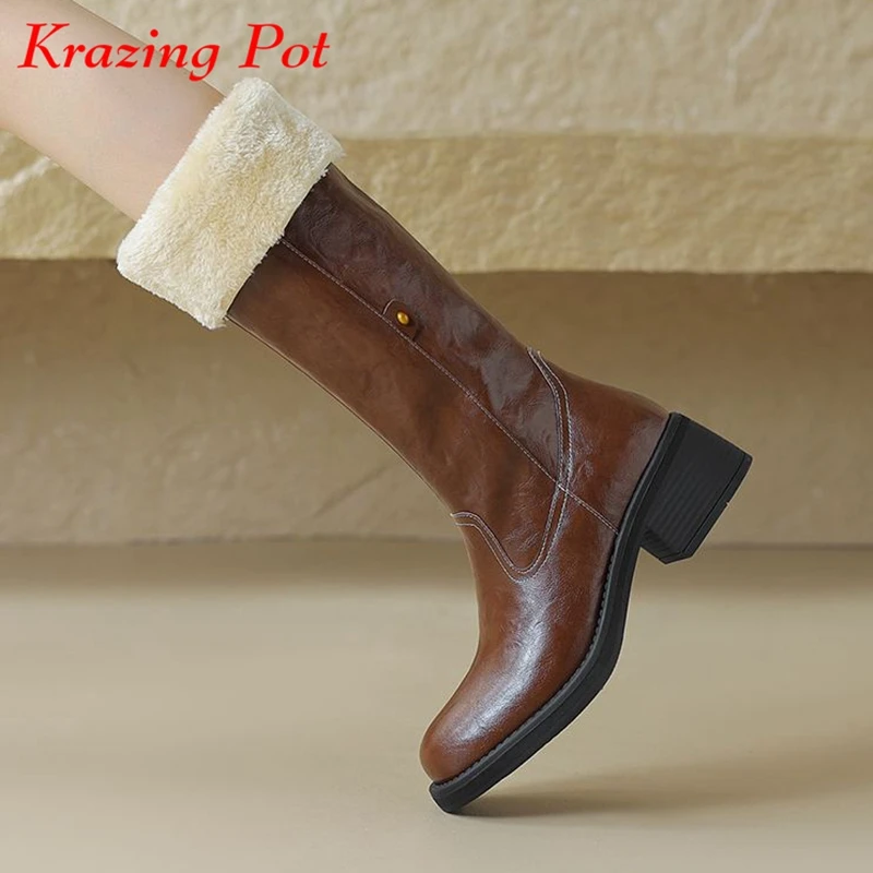 Krazing Pot Cow Leather Fur Round Toe Med Heels Snow Boots Rivet Winter Handsome Gorgeous Street Wear Keep Warm Thigh High Boots