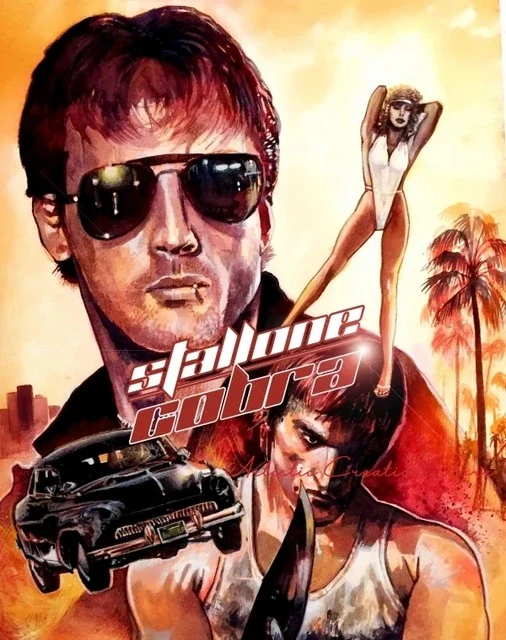 Cobra 1986 filmposter door Steven Morris, klassieke filmkunst canvas schilderij en HD print afbeeldingen, woonkamer wanddecoratie, huisdecoratie