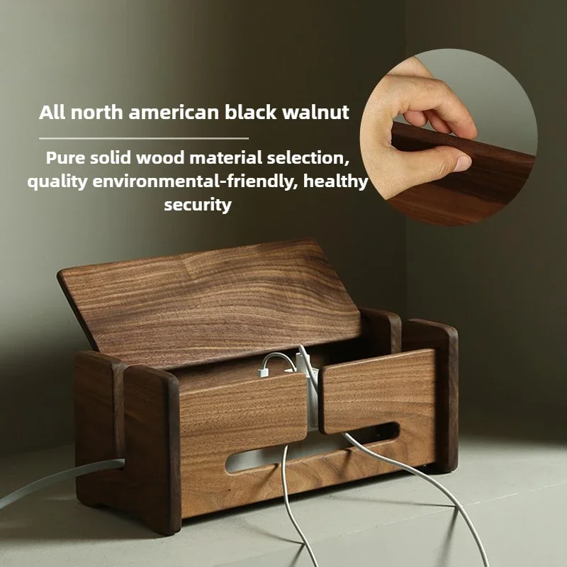 

Black Walnut Storage Box Porous Heat Dissipation Router Rack Dustproof Flip Cover Organize Box Space Saving Data Cable Storage