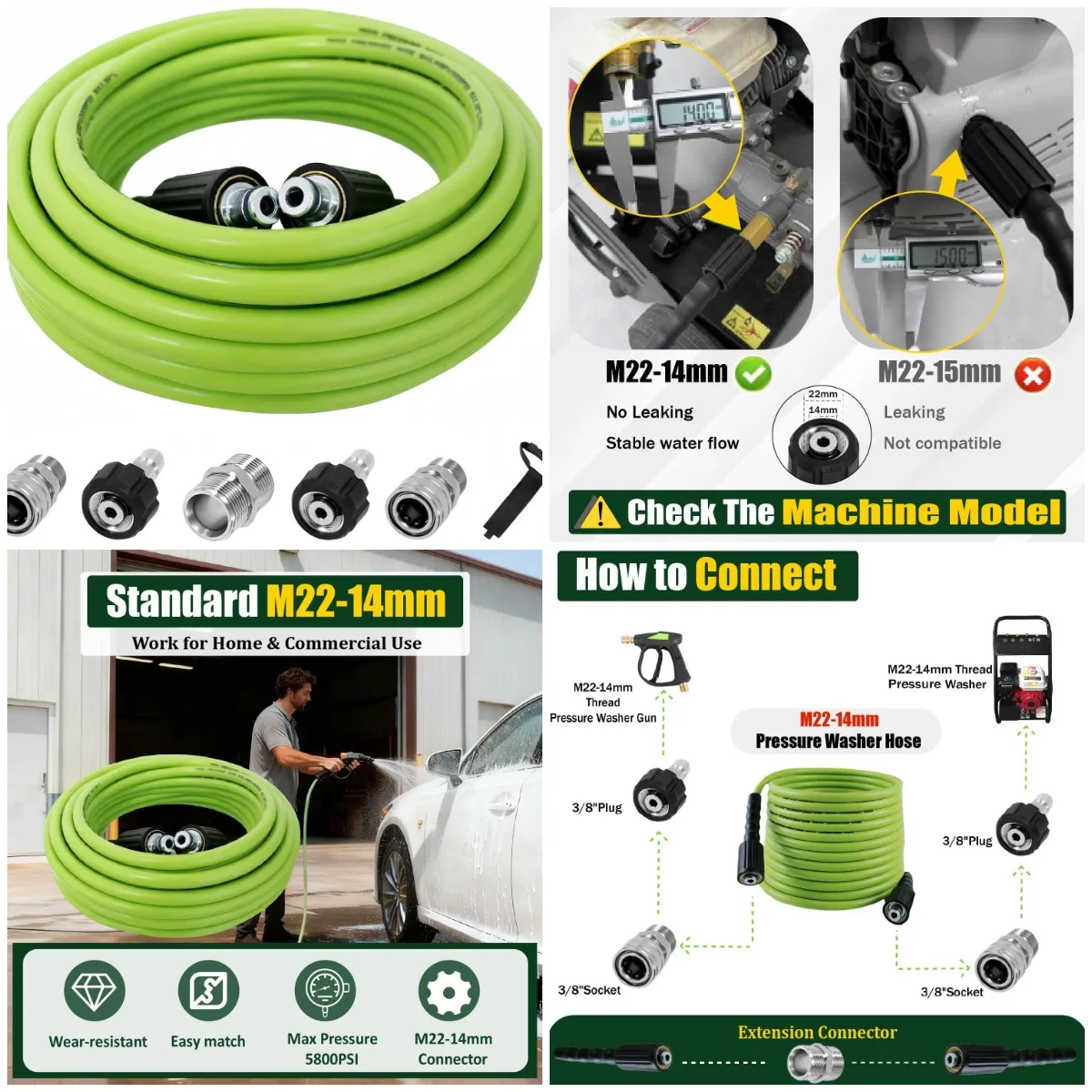 

50 футов, 5800 фунтов на квадратный дюйм, устойчивый к ударам шланг для мойки высокого давления, 1/4 дюйма, M22-14 мм, с быстрым разъемом 3/8 дюйма, зеленый