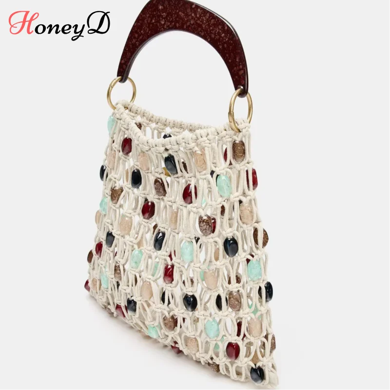 

Bohemian Rope Crochet Women Bag Color Beading Beach Bags for Women Handmade Hollow Knitting Handbags and Purses Woven Bag