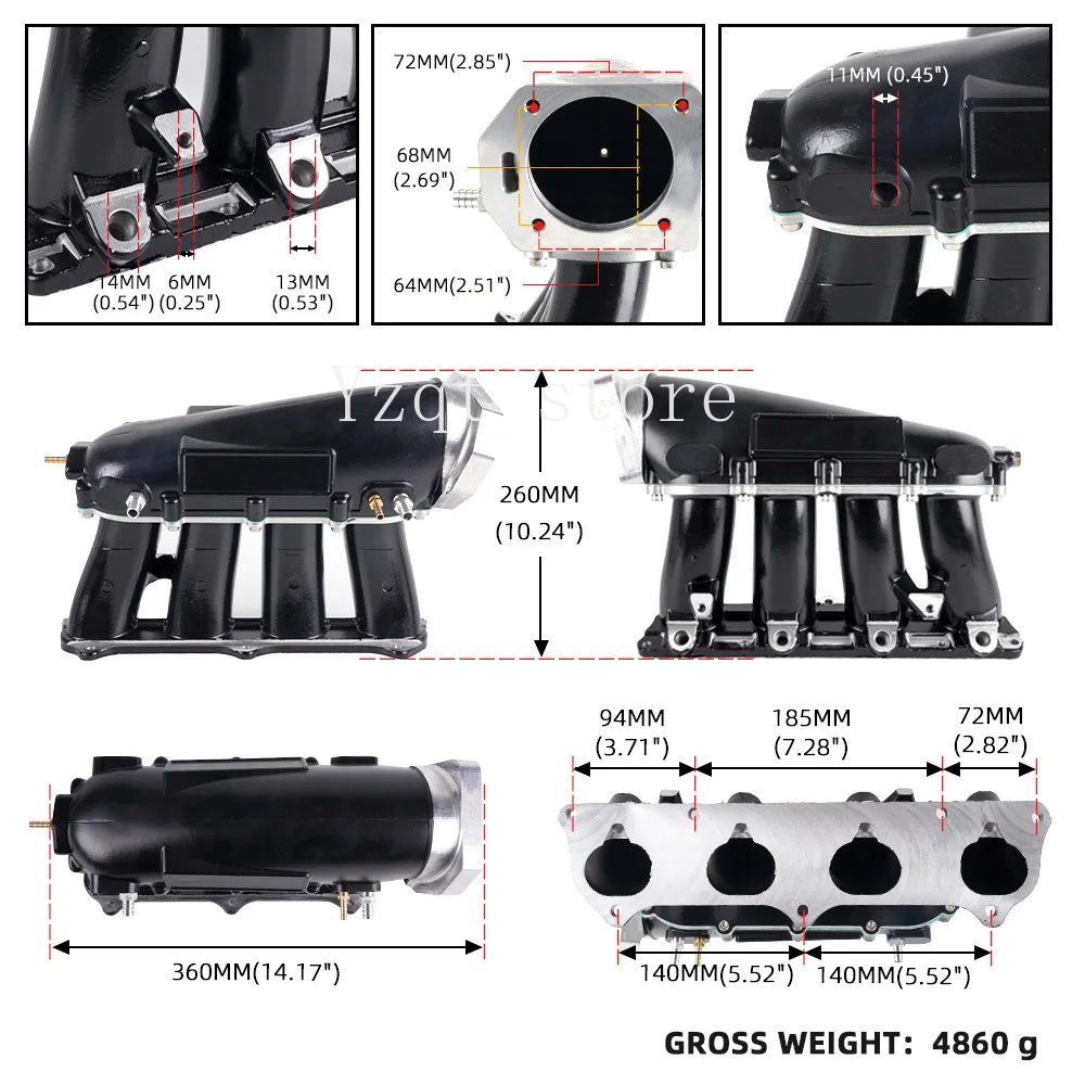 Automotive modified split intake manifold for K series K20A/A1/Z1/K24A1