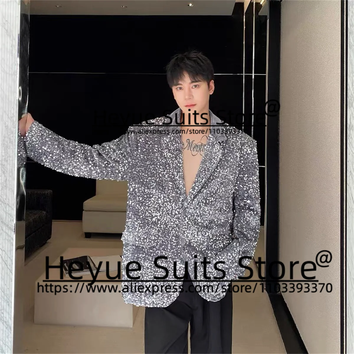 Fashion Shiny Sequin Prom Men Suits Tailor Made Slim Fit Peak Lapel Groom Tuxedos 2 Pieces Sets Elegant Male Blazers Ropa Hombre