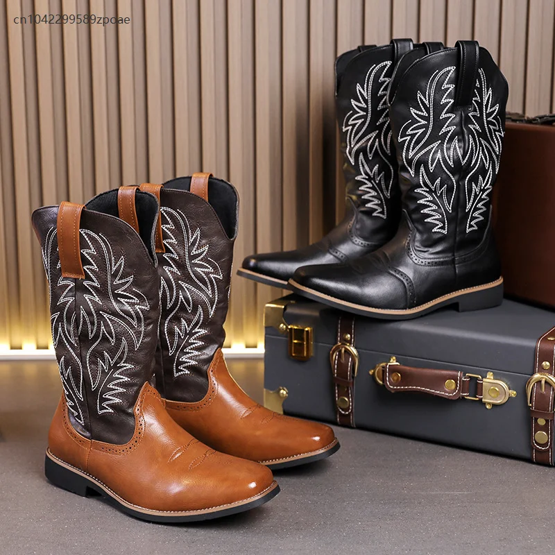Męskie buty vintage na jesień, kowbojskie buty robocze w stylu western, haftowane długie buty jeździeckie z bocznym zamkiem, buty cosplay wikinga z PU skóry.