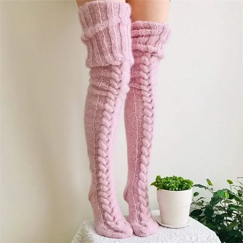 Winter Warm Over Knee Leg Warmers Women\'s Twist Long Knee-high Stacked Socks Fashion Knitted Wool Sock Long Over The Knee Socks