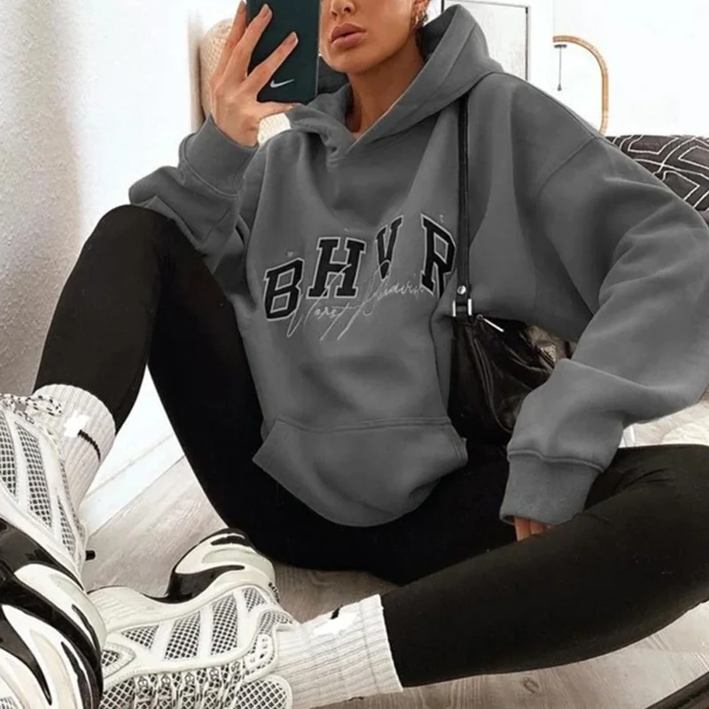 Women Casual Hoodie BHVR Game Letter Printing Plus Velvet Warm Long Sleeve Streetwear Sweater In Autumn Winter Grunge Oversized